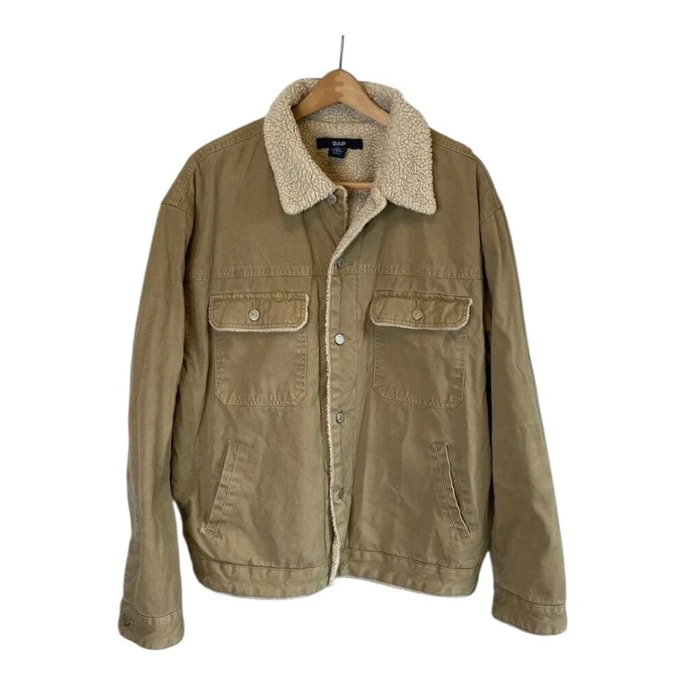 Y2K Vintage Gap Mens XXL Khaki Canvas Sherpa Lined Trucker Chore Barn Jacket‎